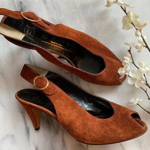 Vintage Bruno Magli Brown Suede Peep Toe Heels